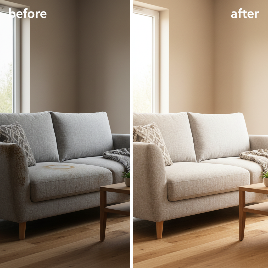 A split-screen or 'before & after' professional photo of a cozy fabric sofa in a modern living room. On the 'before' side, a subtle, dried spill mark (e.g., coffee ring) or a faint, muddy smudge is visible on the upholstery, slightly dulling its appearance. On the 'after' side, the identical sofa appears pristine, freshly cleaned, and vibrant, with its fabric looking soft and inviting. A gentle, soft light illuminates the 'after' side, conveying cleanliness and freshness, while the 'before' side has a slightly dimmer, more worn feel. The overall scene should evoke comfort and domestic warmth.