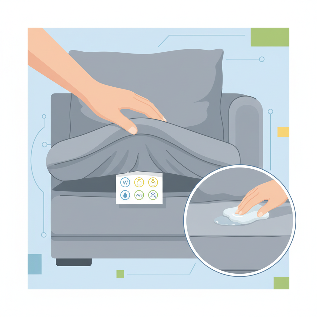An infographic-style illustration focusing on the preparation steps for cleaning a couch. The central image features a close-up of a hand gently lifting a sofa cushion to reveal a care label with abstract symbols representing 'W' (a water droplet icon), 'S' (a small solvent bottle icon), 'W/S' (a combination of both), and 'X' (a vacuum cleaner icon), indicating different cleaning methods. Adjacent to this, another small scene shows a hand carefully dabbing a small, clear liquid onto an inconspicuous corner of the couch fabric, demonstrating a patch test. The illustration should be clean, clear, and feature a modern, helpful aesthetic.