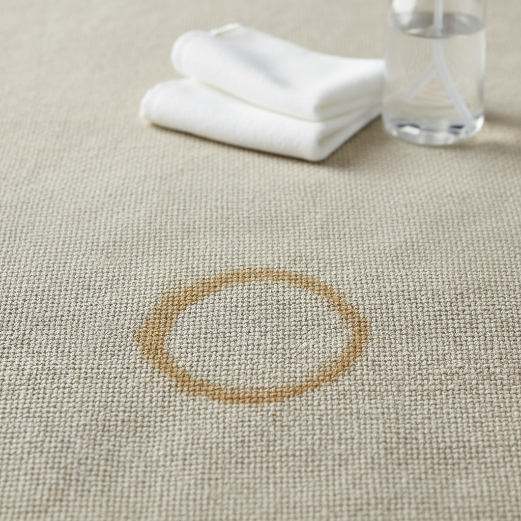 A vibrant, close-up, high-definition studio photograph showcasing the textured weave of a coarse, durable couch fabric, possibly a linen or canvas blend in a neutral tone like beige or light grey. The fabric surface should distinctly highlight its visible, slightly irregular weave. A subtle, dried, generic liquid stain (e.g., a faint brown coffee ring) is visible, partially absorbed into the fibers, emphasizing the difficulty of deep-seated stains on such material. In the softly blurred background, essential cleaning tools are present: a white microfibre cloth and a spray bottle with a clear cleaning solution, hinting at the cleaning process. The overall mood should be clean and practical.