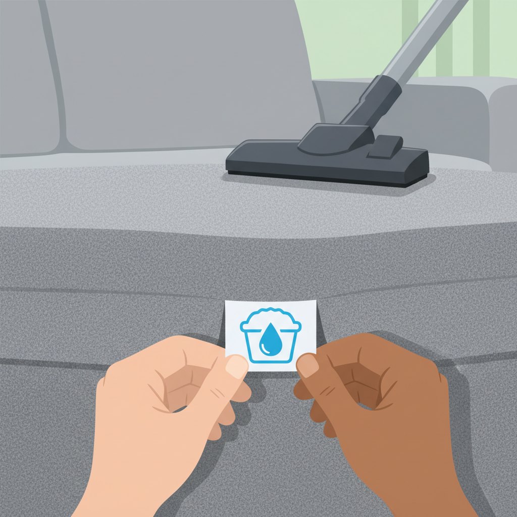 A modern, clean infographic-style illustration featuring a pair of hands (diverse skin tones) gently pulling out and closely inspecting a fabric care label attached to the underside of a section of a stylized coarse fabric couch. The label prominently displays a clear, universal icon or symbol representing 'water-based cleaning safe' (e.g., a stylized water droplet or a bucket icon) without any letters or words. In the background, subtly blurred, a portion of the couch is visible, and the tip of a vacuum cleaner's upholstery attachment suggests the preliminary cleaning steps. The color palette should be fresh and professional, highlighting the importance of proper care instruction verification.