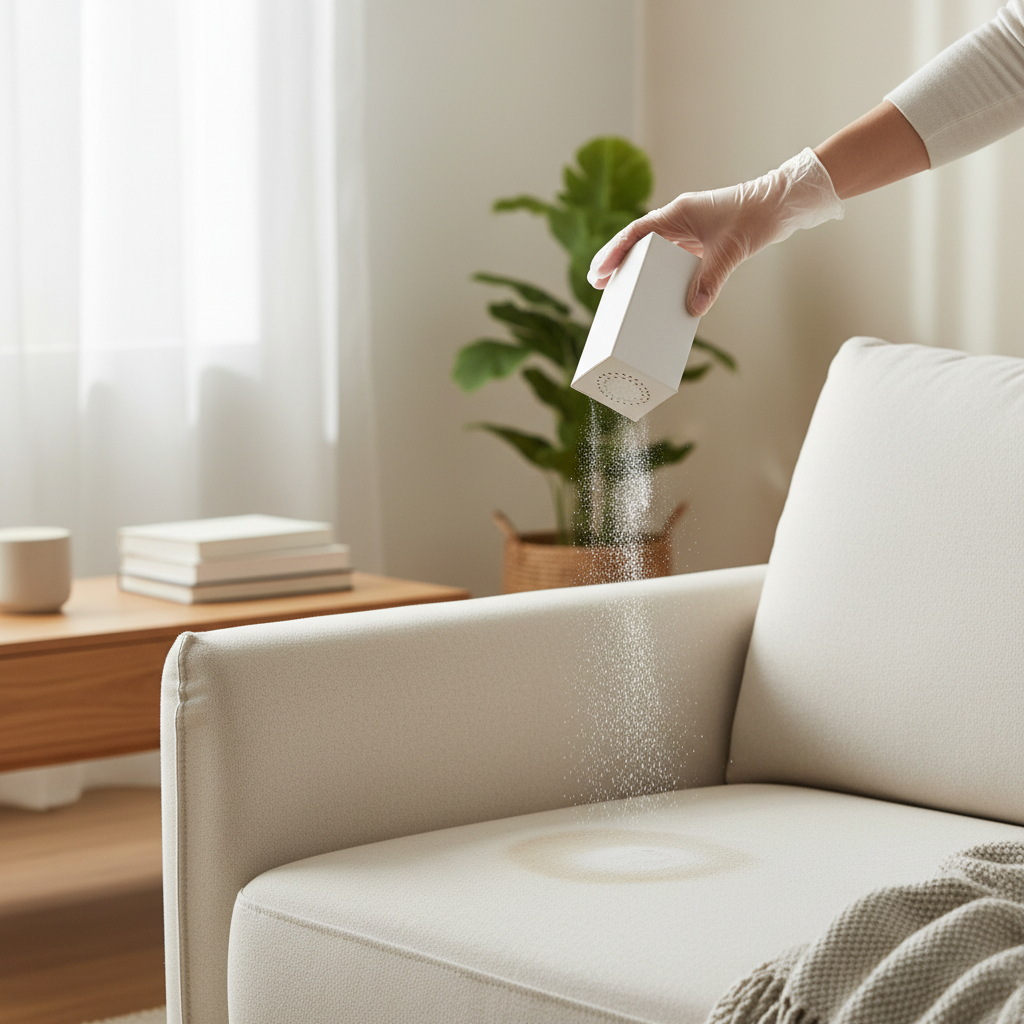 A bright, professional photo of a modern, light-colored fabric sofa in a cozy living room. The sofa has a small, subtle stain or appears slightly dull on one cushion. A pair of hands, possibly wearing transparent gloves, is gently sprinkling a fine white powder (representing baking soda) from a simple, unbranded container onto the affected area. The background elements are subtly blurred, creating a shallow depth of field, with hints of natural light coming through a window. The overall mood should be clean, inviting, and suggest an easy, effective cleaning process.
