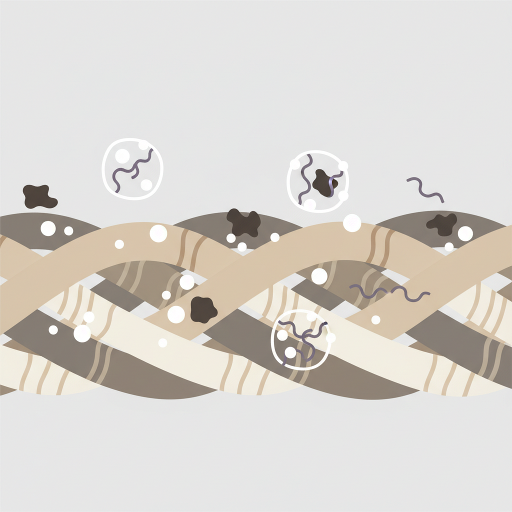 A clean, modern flat illustration depicting a magnified, simplified cross-section of sofa fabric fibers. Within the fibers, abstract, stylized dark 'dirt' particles and wavy 'odor' molecules are visible. White, fine granular particles (representing baking soda) are shown interacting with these elements: some are gently lifting the 'dirt' particles, while others are encapsulating or neutralizing the 'odor' molecules. The color palette should be muted and earthy for the fabric, contrasting with clean white for the baking soda and subtle dark tones for impurities, emphasizing the cleaning action in an infographic style.