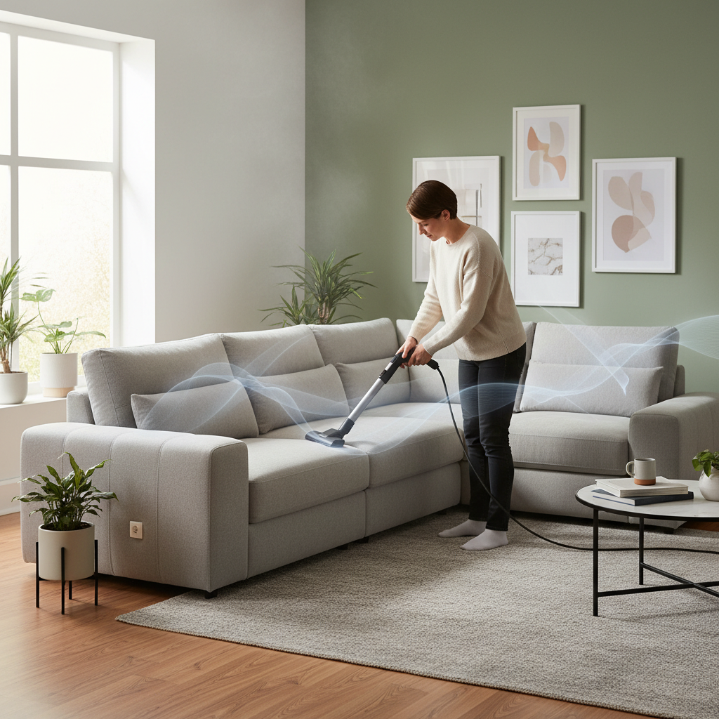 A professional, warm photo of a modern, comfortable living room. A stylish couch is the centerpiece. Subtle, almost imperceptible wavy lines or a faint, diffuse haze emanates from certain areas of the sofa, visually representing lingering odors without being overtly unpleasant. A person, casually dressed, is actively and carefully vacuuming the couch using an upholstery attachment, reaching into cushions and crevices. The scene should convey thoroughness and the initial step of cleaning, with soft, natural light illuminating the room.