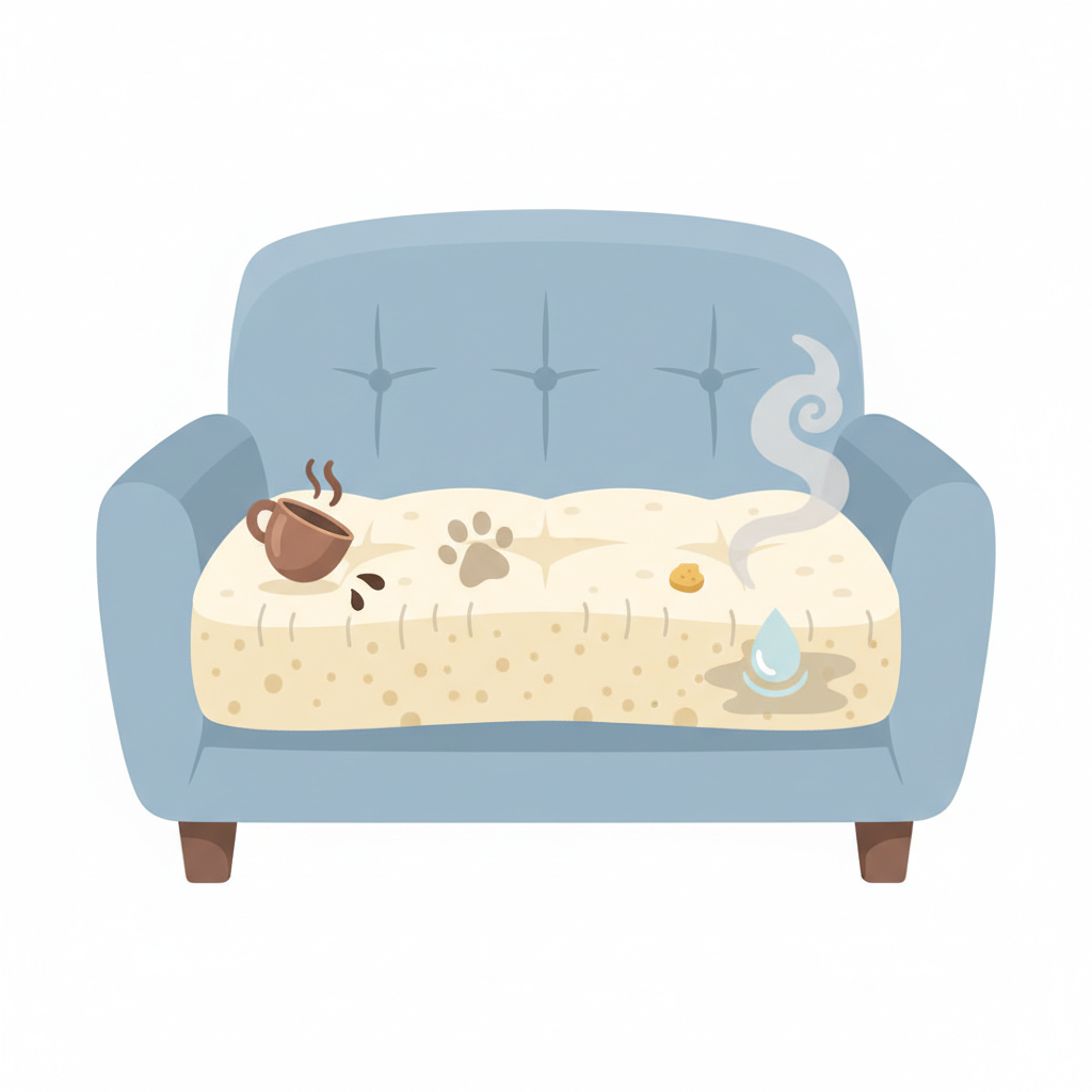 A clean, engaging flat illustration depicting a stylized cross-section or top-down view of a sofa cushion. Various small, distinct icons or visual elements are artfully arranged on and slightly within the cushion's material, symbolizing common odor causes. These could include a spilling coffee cup, a subtle paw print, a wafting smoke cloud, a tiny crumb, and a water droplet, indicating absorption. The illustration should use a soft, inviting color palette, emphasizing the porous nature of upholstery and the multitude of sources for lingering smells.