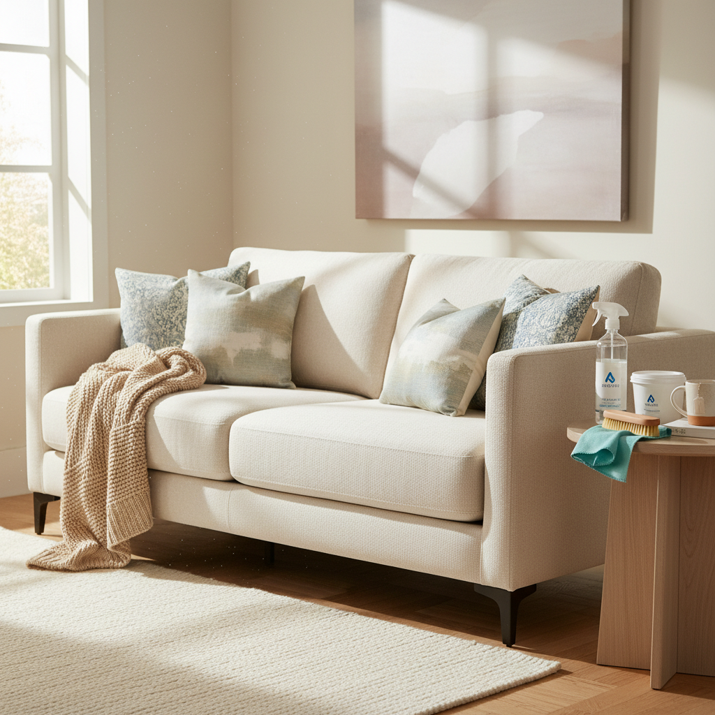 A cozy, stylish living room scene featuring a freshly cleaned, light-colored fabric couch as the centerpiece. The couch looks pristine and inviting, with soft throw pillows. Arranged artfully on a small side table or on the floor nearby are various common cleaning products that could be found at a DM store: a spray bottle of upholstery cleaner, a small container of stain remover, a soft brush, and a microfiber cloth. The overall impression should be one of cleanliness, comfort, and the ease of achieving this with readily available products. Style: Bright, inviting lifestyle photograph with a slightly elevated, warm aesthetic.