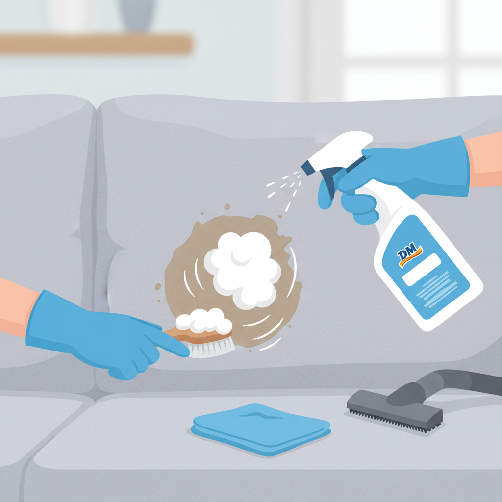 A dynamic, infographic-style illustration depicting the process of cleaning a section of a fabric couch. Focus on a specific, visible stain (e.g., a coffee ring) on a light grey sofa. One hand, wearing a protective glove, is gently applying a cleaning foam or spray from a typical product bottle (resembling those found at DM) onto the stain. A small brush or sponge is shown working the product into the fabric. Nearby, other DM-style cleaning essentials like a clean microfiber cloth and a small vacuum attachment are visible. The background is simple, focusing on the action. Style: Clean, modern flat illustration with subtle textures.