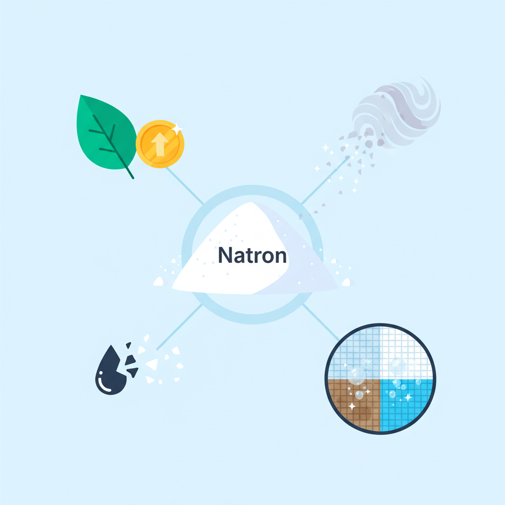 An infographic-style illustration demonstrating the multifaceted benefits of Natron for couch cleaning. At the core, a stylized representation of pure white Natron powder. Radiating outwards are distinct visual concepts: a faint, swirling odor cloud dissolving completely, symbolizing odor neutralization; a magnified fabric weave transforming from dingy to pristine, showing gentle cleaning power; a small, abstract oil droplet breaking apart, indicating grease removal. Accompanying these are a vibrant green leaf icon for eco-friendliness and a simple coin graphic representing affordability. The overall aesthetic should be a clean, modern flat illustration with a bright yet professional color palette, clearly conveying Natron's effectiveness without any text.
