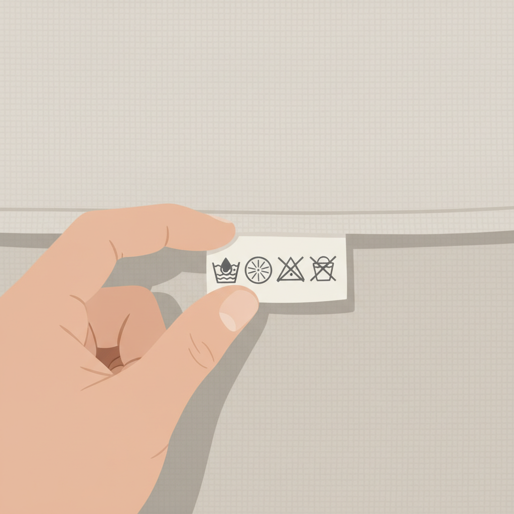 A close-up, clean flat illustration showing a hand carefully inspecting a care label sewn into the seam of a stylish, textured couch. The label features abstract, universally recognizable symbols (e.g., a stylized water droplet for 'water cleaning', a circular brush for 'dry cleaning', a crossed-out liquid symbol for 'no liquids'), without any actual letters or numbers. The couch material in the background is subtly textured, hinting at various fabrics like linen or microfiber. The overall style is professional and informative, emphasizing the importance of material identification.