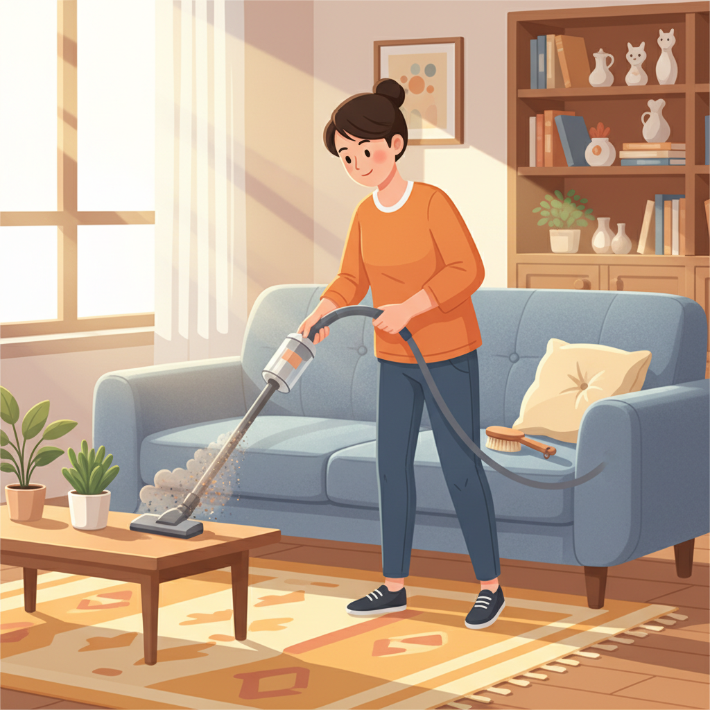 A detailed, warm vector illustration depicting a person actively cleaning a modern fabric sofa in a cozy living room. The person is using a vacuum cleaner with a visible upholstery attachment, demonstrating the removal of loose dirt, dust, and pet hair, which are subtly represented by a faint swirl of tiny particles being drawn into the nozzle. A soft bristle brush lies on an adjacent cushion, indicating comprehensive pre-cleaning. The scene conveys a sense of thoroughness and preparation for deeper cleaning, with natural lighting creating an inviting atmosphere.
