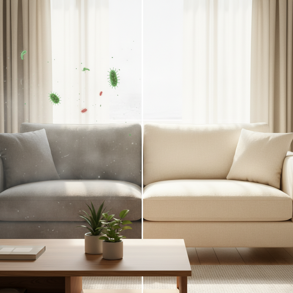 A modern, comfortable sofa in a living room. One side of the sofa appears slightly dull, with a faint dusty haze and subtle, almost invisible 'germ' or 'mite' icons hovering above it, suggesting hidden contaminants. The other side is vibrant, fresh, and pristine, radiating a sense of cleanliness and hygiene. The contrast should be clear but not overly dramatic, emphasizing the transformative power of cleaning. This illustration should convey both the 'before' and 'after' state. Professional photo style with subtle digital enhancements.