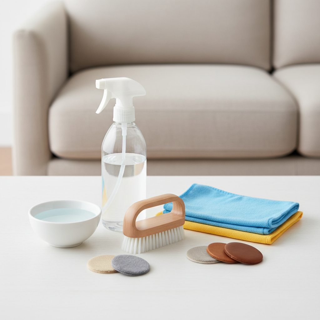 A neatly arranged collection of various couch cleaning tools and materials on a bright, uncluttered surface. Items include a generic spray bottle, a soft-bristled brush, several microfibre cloths in different colors, and a small bowl of water. Additionally, a set of small, distinct fabric swatches (like miniature samples of cotton, microfiber, and leather textures) should be visible, suggesting material identification. A blurred background of a living room couch edge provides context. The scene should convey preparation and organization. Flat illustration style with clear, appealing item representation.