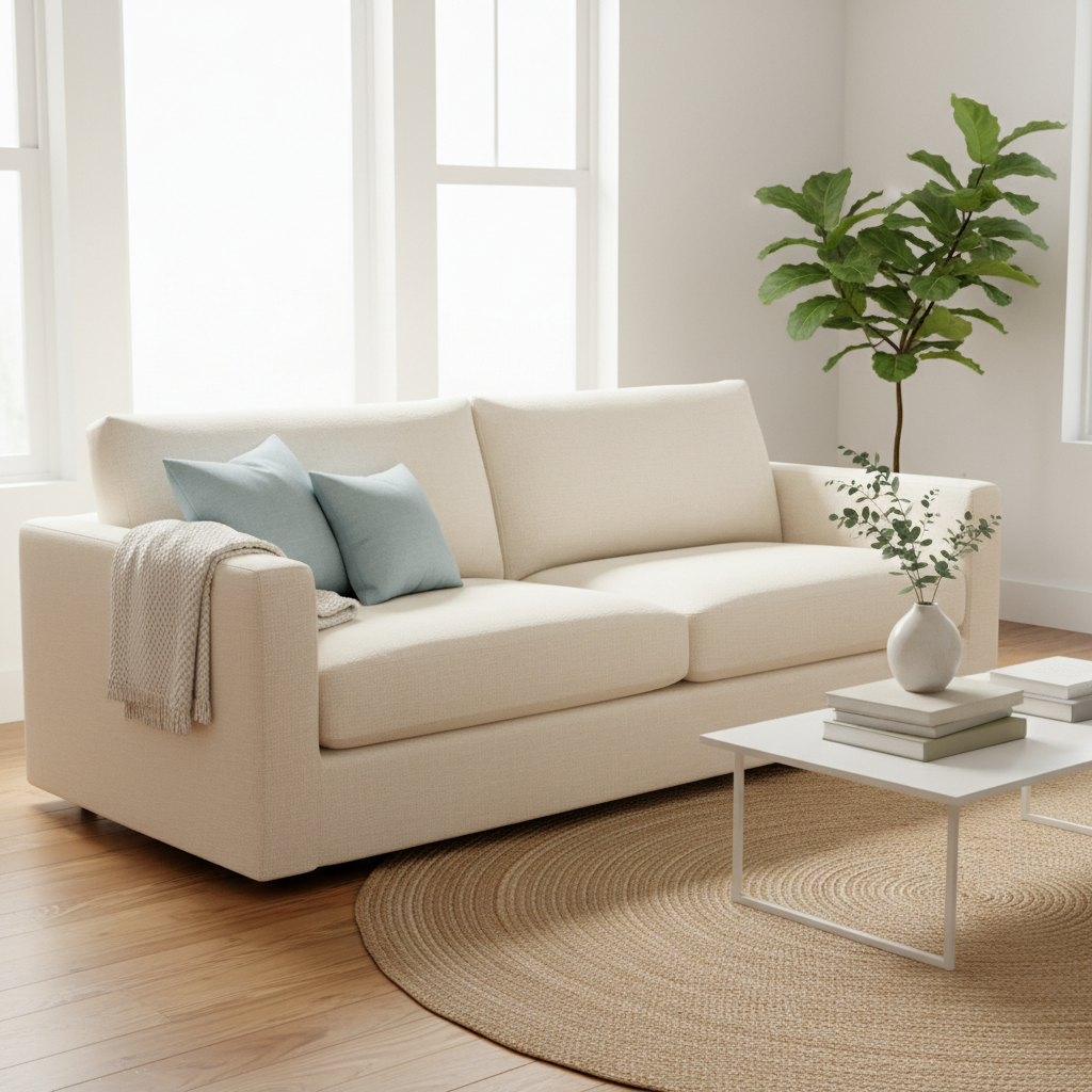 A professional photo of a bright, inviting living room scene. A comfortable, light-colored sofa is the pristine focal point, looking freshly cleaned and rejuvenated. Soft, natural sunlight streams in, subtly highlighting the clean texture of the fabric. The surrounding decor is minimalist and clean, suggesting a healthy, well-maintained home environment. The image should convey a sense of comfort, freshness, and the positive aesthetic impact of a well-cared-for piece of furniture, emphasizing the 'after' state of a thoroughly cleaned couch.