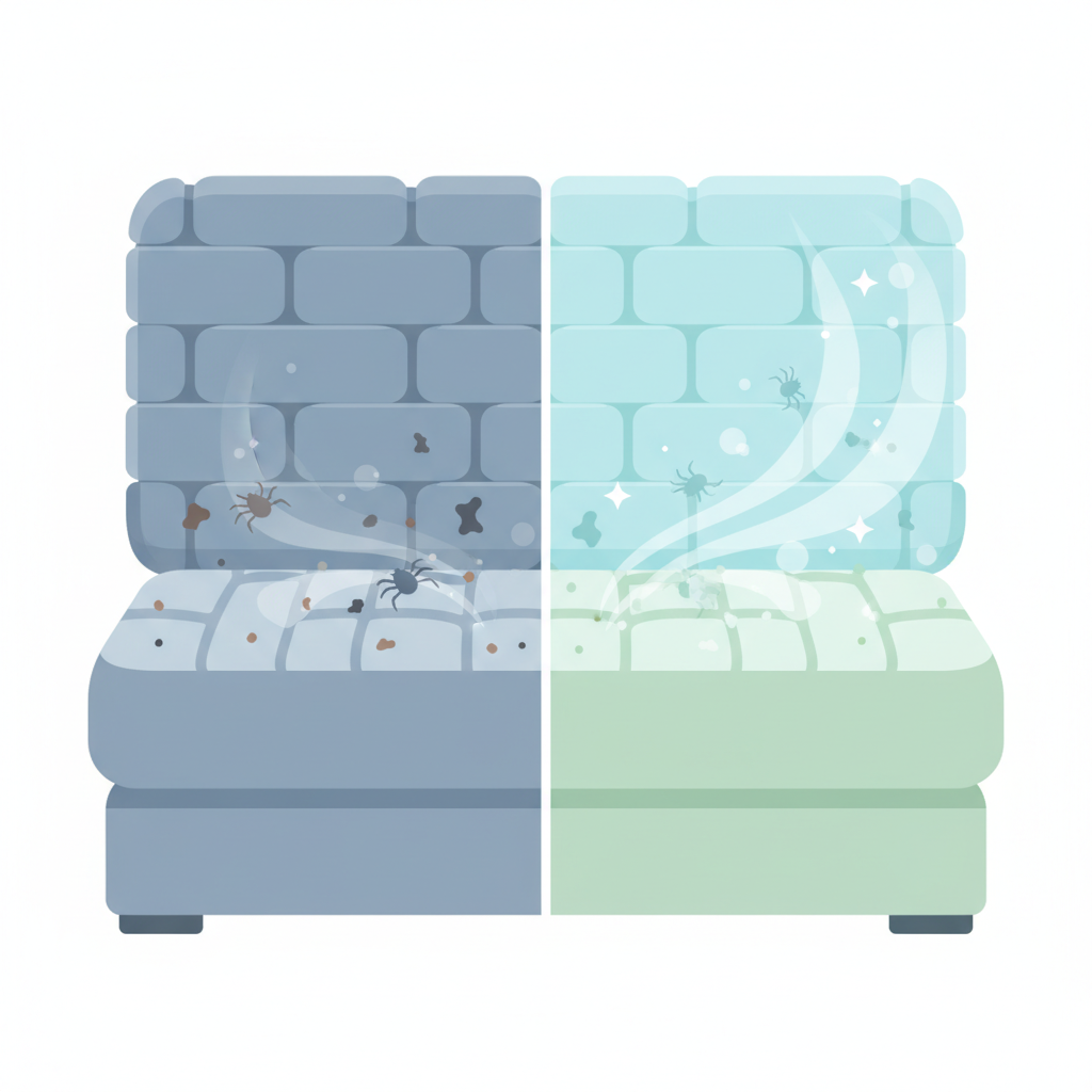 A modern, clean flat illustration in an infographic style, depicting the concept of hidden dirt and the benefits of cleaning. On one side, a stylized cross-section of a sofa cushion reveals microscopic elements like dust mites, pet dander, and small dirt particles subtly embedded within the fabric fibers, rendered in muted, slightly dull tones. On the other side, an abstract representation of a cleaning process, using visual cues like gentle swirling lines or a subtle 'lifting' motion, shows these contaminants being removed, leaving behind sparkling, fresh fibers in brighter, cleaner colors. The overall composition highlights hygiene and material preservation.