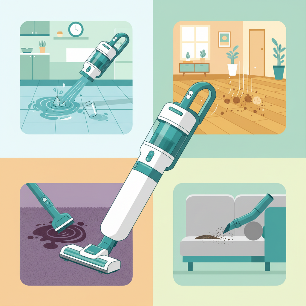 A vibrant, modern flat illustration depicting a sleek, stylized wet/dry vacuum cleaner as the central element. Around it, various mini-scenes showcase its versatility: one section shows it effortlessly cleaning a puddle of spilled water on a kitchen tile floor, with the liquid visibly disappearing into the nozzle. Another section displays it vacuuming up dry dust and crumbs from a wooden floor. A third area shows a subtle but effective cleaning of a stain from a plush carpet. The overall impression is effortless, multi-surface cleaning in a bright, contemporary home setting, emphasizing the device's comprehensive utility.
