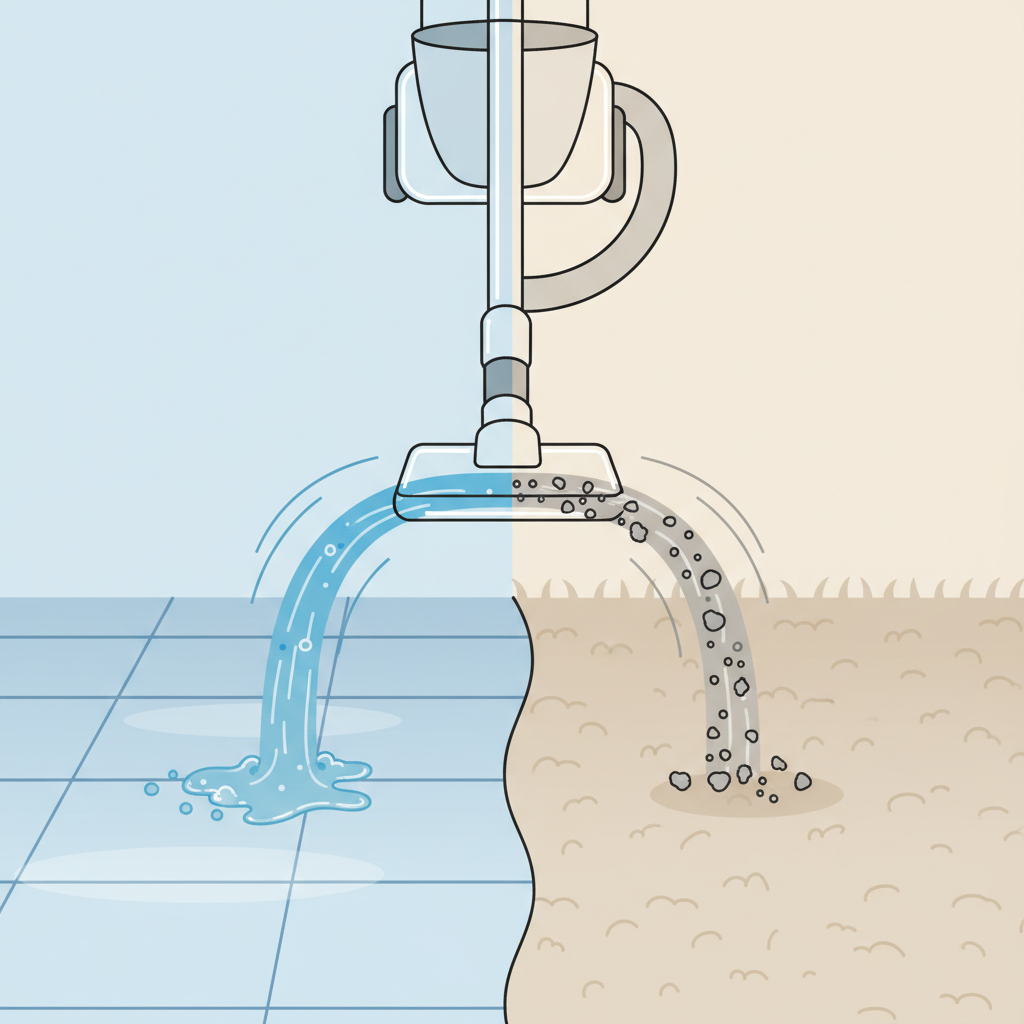 An infographic-style illustration with a clean, professional aesthetic, visually explaining the 'wet and dry' capability of a wet/dry vacuum cleaner. The image features a stylized cross-section view of the vacuum's nozzle and hose, showing two distinct streams entering the device. One stream clearly depicts liquid (e.g., spilled water or a cleaning solution) being suctioned from a surface, indicated by blue liquid flowing. The other stream shows dry debris (dust, crumbs) being suctioned, represented by small grey particles. The background is simple, suggesting different floor types (tile for wet, carpet for dry) without being overly detailed. The focus is on the dual action.