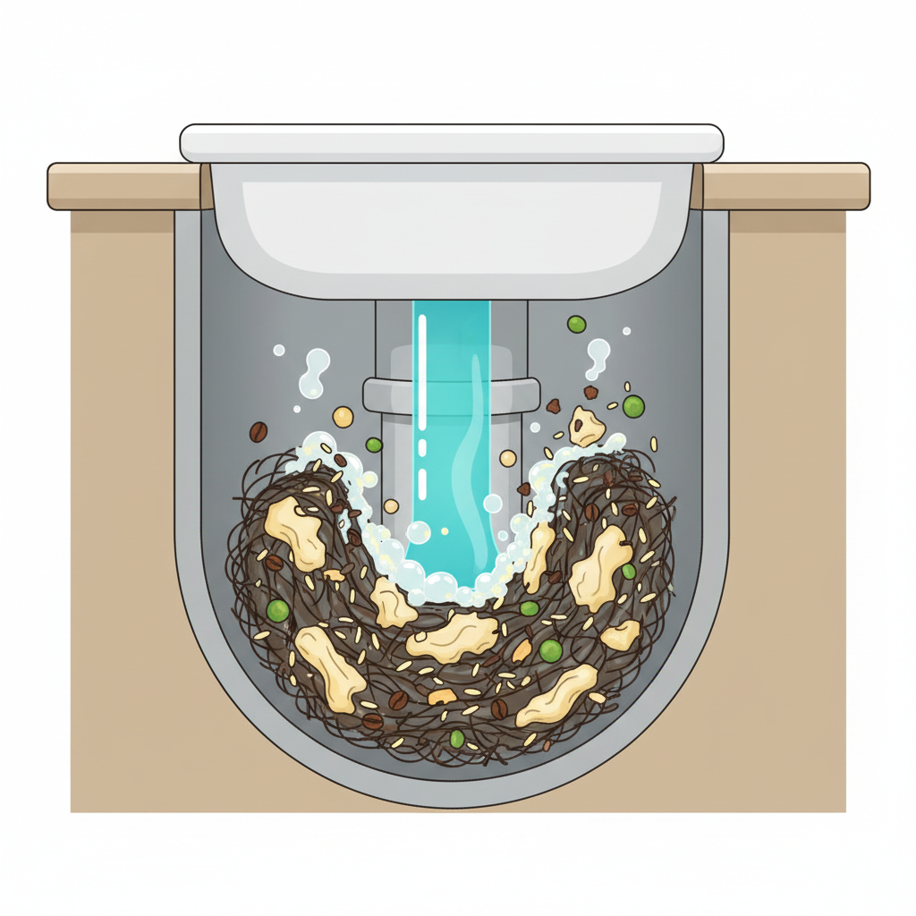 A vibrant cross-section illustration of a domestic drain pipe, specifically beneath a kitchen sink. The pipe shows a significant, dense blockage composed of tangled hair strands, solidified grease, and small food particles. From the pipe opening above, a viscous, brightly colored liquid (representing the drain cleaner) is visibly pouring onto the obstruction. The liquid interacts with the blockage, causing it to visibly bubble, fizz, and fragment into smaller, dissolving components, creating a dynamic visual of chemical action clearing the blockage. The surrounding pipe remains intact and undamaged. This should be a clean, detailed scientific infographic style.