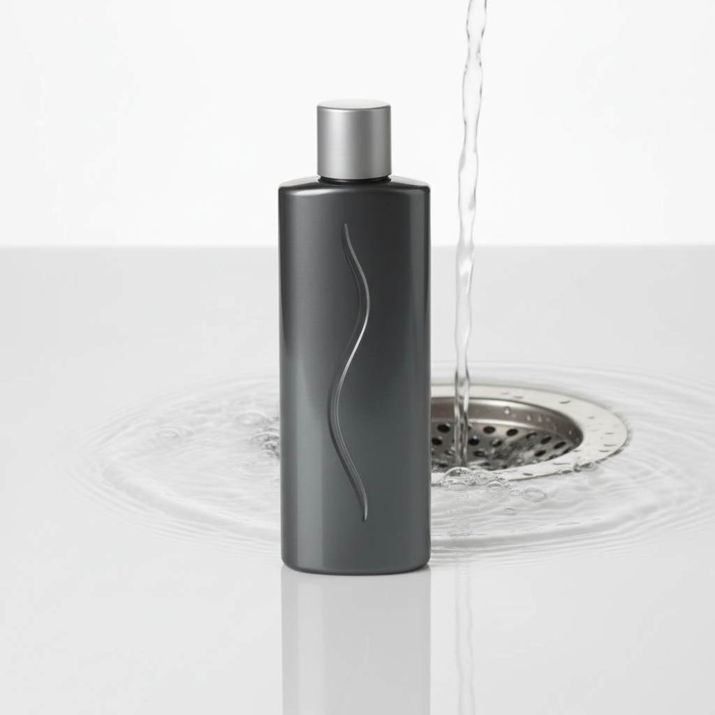 A professional, studio-quality photograph showcasing a generic, sleek bottle of drain cleaner, prominently positioned on a clean, reflective surface. The bottle design should be clean and modern, implying a reputable brand like DM without displaying actual text. In the background, slightly out of focus, a sparkling clean and clear sink drain is visible, with fresh, clear water actively flowing down into it, symbolizing a successfully resolved blockage. The overall mood is one of efficiency, cleanliness, and a problem solved. The lighting should be bright and inviting.