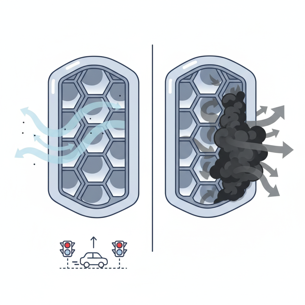 An infographic-style illustration depicting a cutaway view of a Diesel Particulate Filter (DPF). On one side, show clean exhaust gases flowing freely through the filter's honeycomb structure, with minimal soot particles. On the other side, illustrate the same filter structure heavily clogged with dense, dark soot particles, obstructing the flow, indicating backpressure. A subtle visual queue suggesting short, stop-and-go driving conditions leading to the buildup. Use a clean, technical drawing aesthetic with clear distinctions between clean and clogged states, focusing on the physical accumulation within the filter.