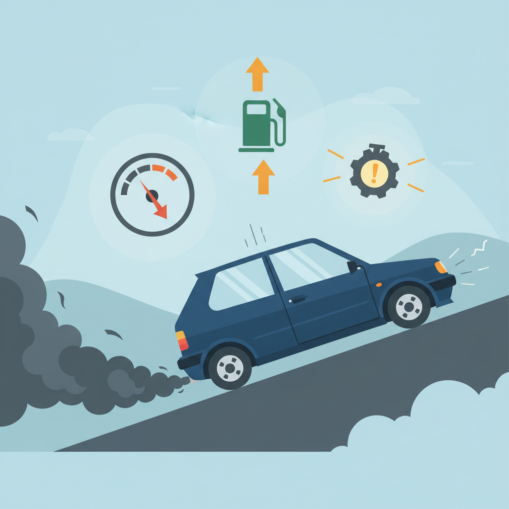 A modern flat illustration depicting a diesel car experiencing various issues due to a clogged DPF. The car appears to be struggling on a road, perhaps with a subtle trail of thick exhaust. Above or around the car, visualize abstract symbols representing common symptoms: a speedometer with a downward arrow for reduced performance, a fuel pump icon with an upward arrow indicating increased fuel consumption, and a generic glowing warning light symbol. The overall mood should convey a sense of vehicle distress and inefficiency. Use a clean, modern digital art style with soft shadows and clear visual metaphors.