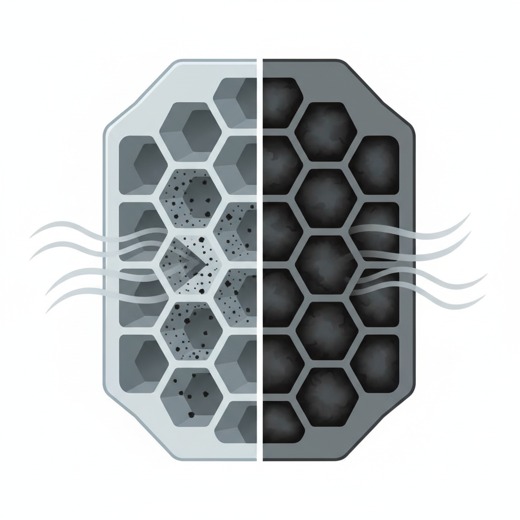 A detailed infographic-style illustration depicting the internal function and progressive clogging of a Diesel Particulate Filter (DPF). The image shows a cutaway view of the DPF's honeycomb structure. On the left side, exhaust gases, represented by light grey wavy lines, enter the filter, carrying small black soot particles that are effectively trapped within the porous walls, with clean gas exiting. On the right side, as a contrasting section, illustrate the same filter channels heavily blocked by a dense accumulation of black soot and ash, visually obstructing the gas flow and highlighting the critical issue of a clogged filter. Professional, clean, and informative design.