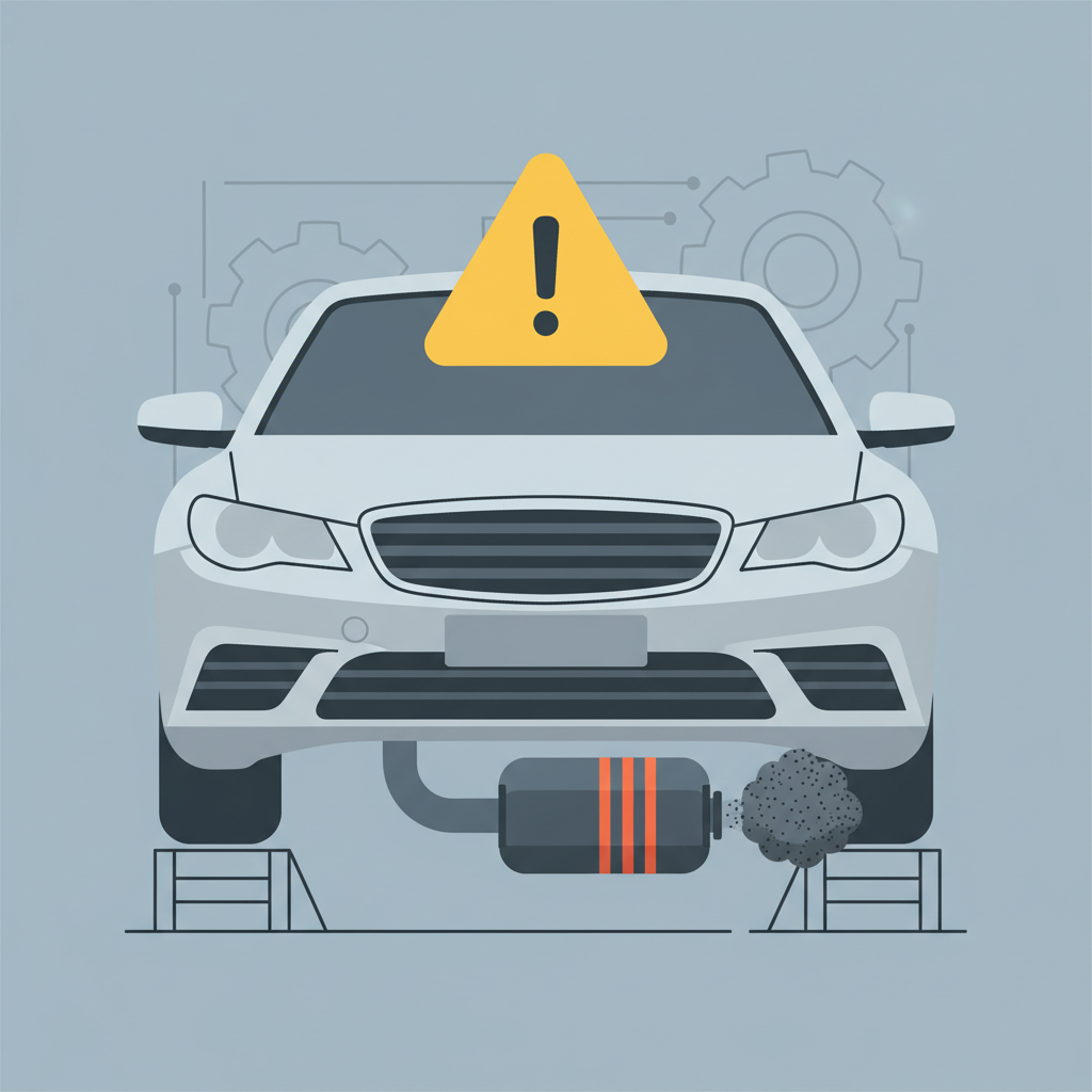 A modern, flat illustration depicting a common scenario for DPF issues in a vehicle. The main focus is the front-to-mid section of a generic car, subtly suggesting it's undergoing inspection or experiencing a problem. From beneath the car, where the exhaust system would be located, a stylized representation of a clogged DPF is visible, emitting a small, dark cloud of trapped particulate matter, symbolizing its inefficiency. Above the car, a universally recognizable 'check engine' or 'warning triangle' symbol hovers, visually alerting the viewer to a problem. The overall style is clean, informative, and slightly technical, suitable for a blog post.