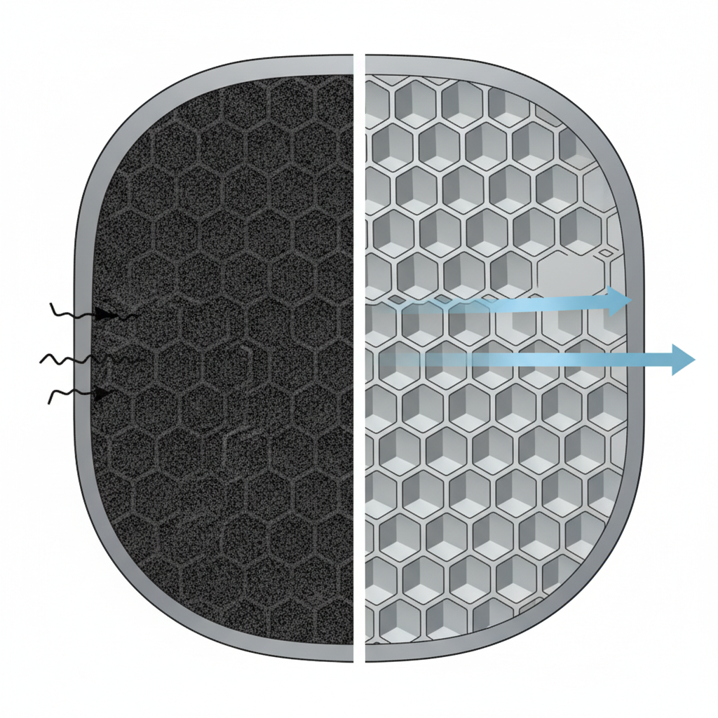 A detailed cross-section diagram of a diesel particulate filter (DPF) contrasting its clogged and clean states. On one side, the internal ceramic honeycomb structure is heavily obstructed by dark, gritty soot particles, illustrating a blocked exhaust flow. On the other side, the same filter structure appears pristine and clear, allowing for smooth passage. The image should visually emphasize the significant difference between a dirty, inefficient filter and a perfectly functional, clean one. Use a professional, clean technical illustration style with accurate component representation.