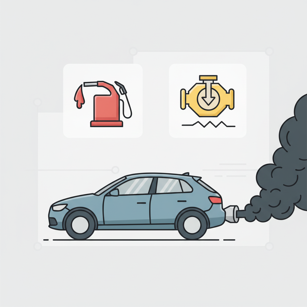 A conceptual flat illustration depicting the negative effects of a clogged DPF on a vehicle. A stylized car is shown from a side profile, with an exaggerated exhaust pipe. Dark, smoky plumes emanate from where the DPF would be located, suggesting blockage and inefficiency. Above the car, symbolic icons represent common problems: a fuel pump overflowing to indicate increased consumption, and a downward-pointing arrow or a limp engine symbol to represent reduced engine performance. The aesthetic should be modern, clean, and utilize an infographic style.