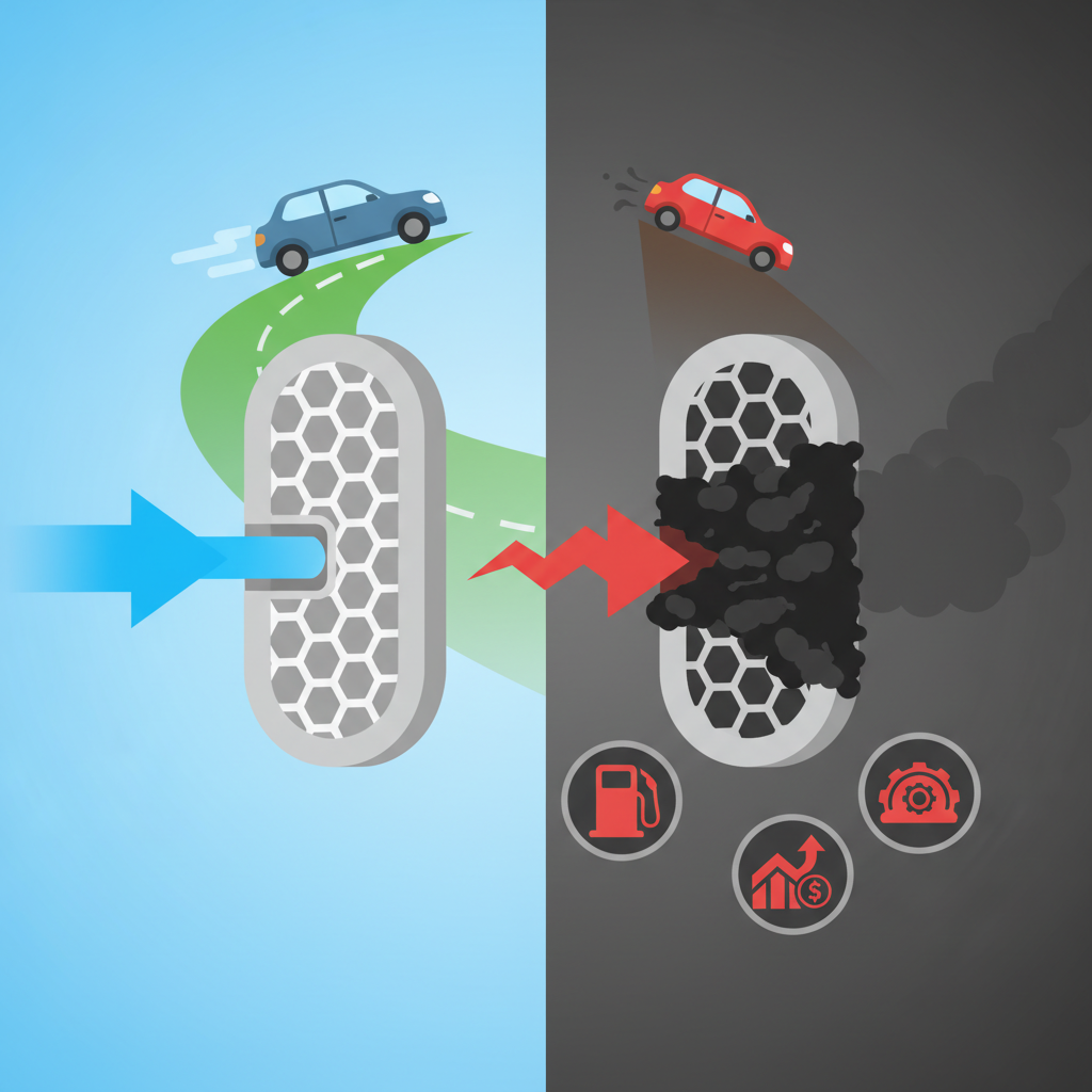 A clean, flat illustration contrasting a healthy and a clogged Diesel Particulate Filter (DPF) within a car context. The left side displays a vibrant, healthy DPF with clear, unobstructed exhaust flow, symbolizing optimal engine performance. The background features a car smoothly driving on an open road. The right side dramatically illustrates a severely clogged DPF, filled with dark, dense soot particles, creating a visible blockage. Surrounding this clogged filter are symbolic icons: a car struggling uphill, a fuel pump indicating high consumption, and a stylized dashboard warning light glowing red. The overall style is modern and easy to understand.
