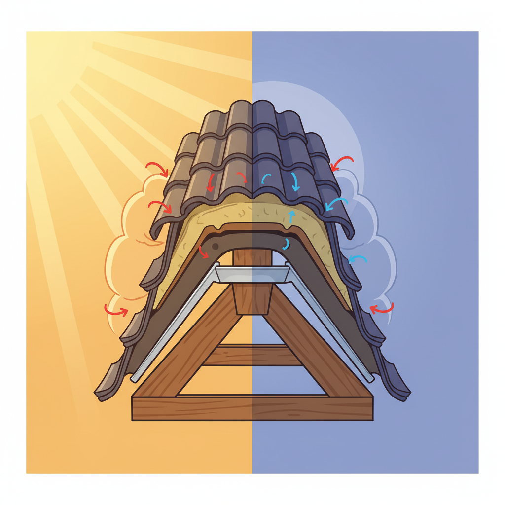 A stylized infographic illustration depicting a cross-section of a roof under two different temperature conditions. On one side, bright sunlight bathes the roof, showing materials (e.g., metal flashing, wooden beam, roof tiles) slightly expanded with subtle outward arrows. On the other side, a cooler, shaded environment shows the same materials slightly contracted with inward arrows, highlighting minimal gaps or overlaps at material joints. The overall effect should clearly visualize the concept of thermal expansion and contraction without any text.