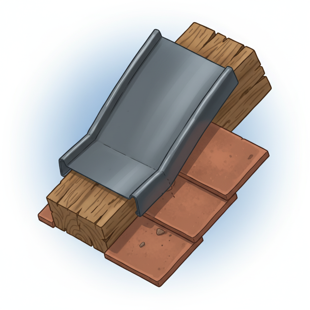 A professional, close-up isometric illustration of various roof components interacting. Show a metal flashing overlapping a wooden beam, which rests on or near roof tiles. Emphasize subtle visual cues of tension or slight movement at the material interfaces, perhaps with tiny, almost imperceptible shifts or exaggerated micro-gaps. The focus is on the different textures and how these diverse materials are fastened or abut one another on a roof structure, without any text.