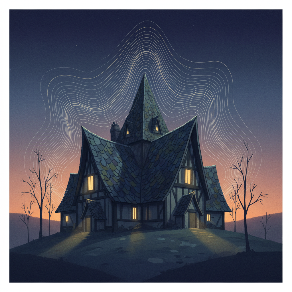 An atmospheric, somewhat dramatic illustration of a house with a prominent roof, seen from a slight distance at dusk or dawn. Subtle, translucent sound wave-like ripples or delicate, almost invisible vibration lines should emanate from the roof structure, suggesting the 'knacken' sound is occurring. The overall mood should be slightly mysterious but educational, focusing on the visual representation of sound without any literal sound effects or text.