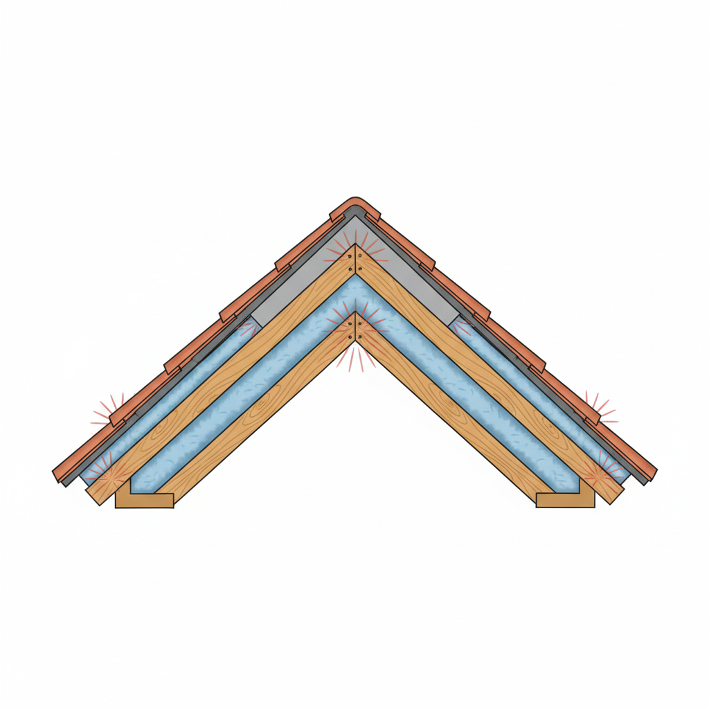 A clear, clean vector-style cross-section diagram of a typical pitched roof. Show the internal layers: wooden rafters, insulation material, roof sheathing, and exterior roofing tiles or metal sheets. Focus on the points where different materials meet. Illustrate subtle internal stresses or friction at these junctions through visual metaphors like slightly misaligned edges or faint, radiating lines indicating pressure. The diagram should be easy to understand and informative, purely visual.