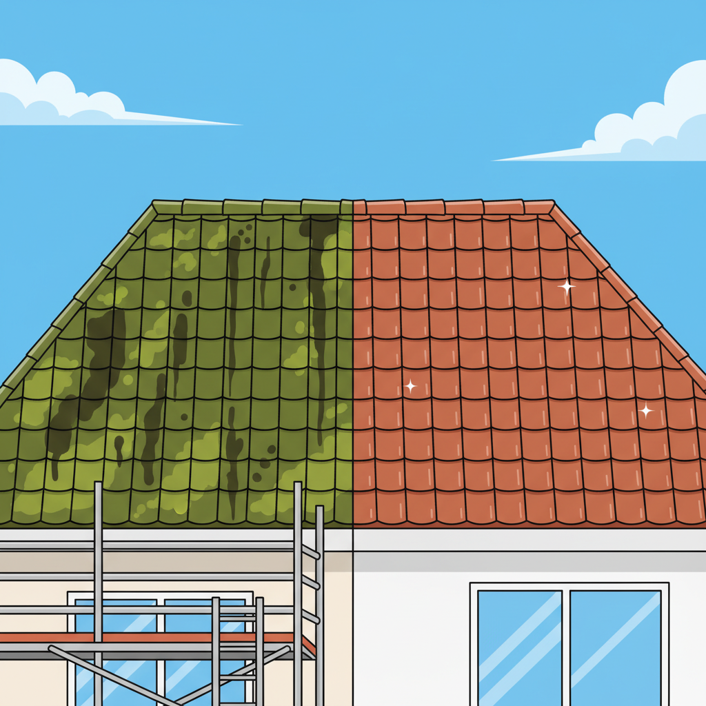 A vibrant, modern flat illustration depicting a split scene of a suburban house roof. On the left side, the roof is heavily covered with green moss, algae, and dark streaks, indicating significant dirt. The house features a visibly steep roof pitch and perhaps some scaffolding suggesting difficult access. On the right side, the same roof is sparkling clean, revealing its original tile color, with light reflecting off the surface. The background should be a bright, clear sky. This visually contrasts a dirty, complex roof with a clean, well-maintained one, symbolizing the transformation and the effort involved in cleaning.