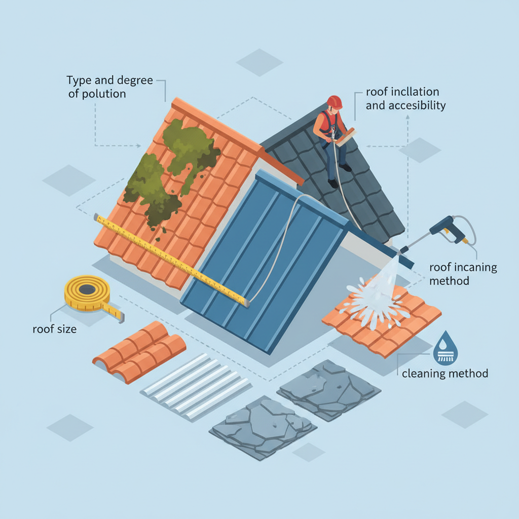 An isometric illustration showcasing various elements that influence roof cleaning costs, arranged cohesively around a stylized house roof. Elements should include: a cluster of green moss and dark algae patches, representing 'type and degree of pollution'; a measuring tape or ruler indicating 'roof size'; a worker wearing safety harnesses on a steeply pitched roof, signifying 'roof inclination and accessibility'; a pressure washer or spray nozzle for 'cleaning method'; and different roof material textures like clay tiles, metal, and slate. The composition should convey complexity and varying factors.