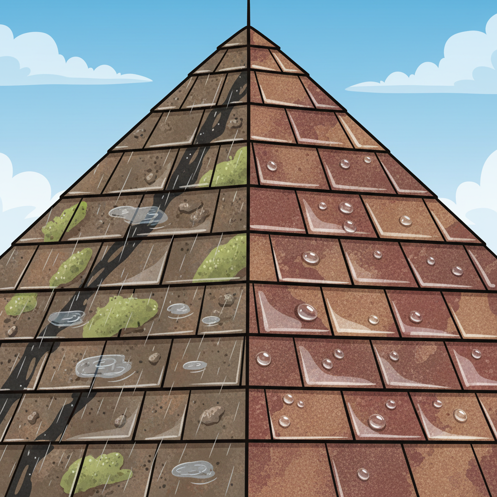 A vibrant, high-contrast digital illustration depicting a 'before and after' scenario of a residential roof. On the left side, the roof is heavily stained with dark algae streaks, patches of green moss, and general grime, appearing dull and worn. On the right side, the same roof section is sparkling clean, with vibrant, rich tile colors restored, and a subtle glossy sheen indicating a fresh seal. Water droplets should be visibly beading and rolling off the clean, sealed surface, while the dirty side shows water soaking in or pooling. The overall effect should be one of rejuvenation and protection.