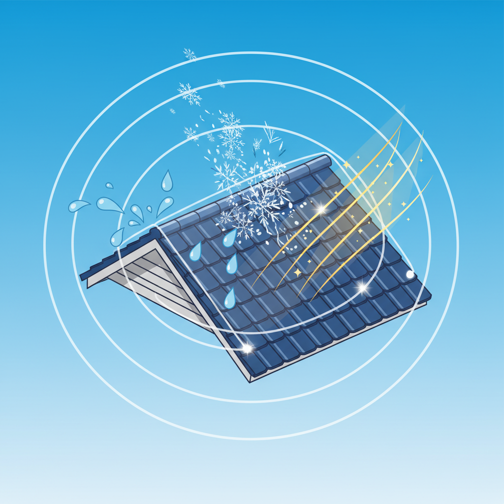 An infographic-style illustration showcasing a robust, clean roof under various environmental influences. The central focus is a modern residential roof with neatly aligned, vibrant tiles. Around and above the roof, stylized elements represent adverse weather: bright sun rays gently deflecting off the surface, large raindrops bouncing and splashing away, and delicate frost crystals melting upon contact, not penetrating. A subtle, protective energy field or a shimmering layer could visually represent the sealing. The overall impression should be strength, durability, and resistance against the elements, emphasizing long-term protection.