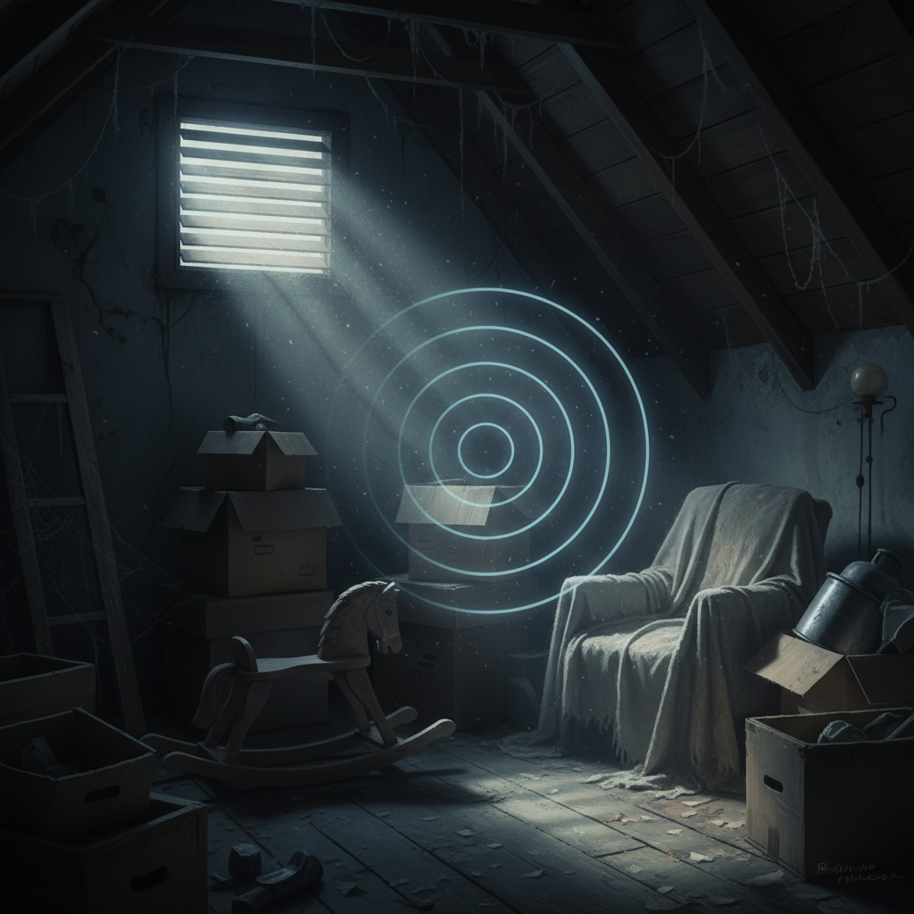 A moody, dark attic interior at night. Dust motes float in faint moonlight streaming through a small window or vent. Subtle, faint sound wave ripples emanate from a shadowy corner behind stacked boxes and old furniture, suggesting an unseen presence making a noise. The scene conveys a sense of quiet mystery and slight apprehension, typical of hearing unsettling sounds from an unknown source. Professional photo style with atmospheric lighting.