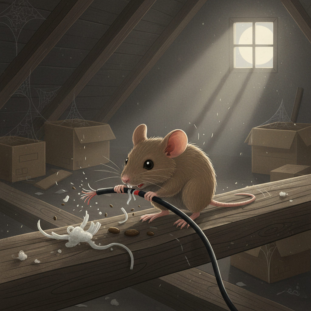 A close-up, detailed illustration inside a dimly lit attic focusing on a small brown mouse actively gnawing on an electrical wire and insulation material. Faint scurrying lines are implied around small droppings and scattered bits of insulation on a wooden beam. The scene should be slightly stylized but realistic enough to identify common rodent activity. Flat illustration style with earthy tones and subtle textures.