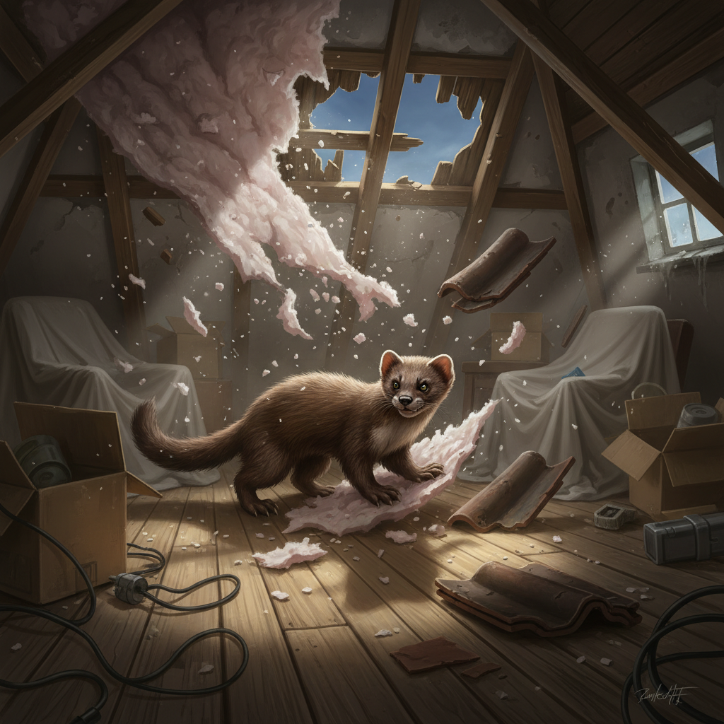 A dynamic, realistic illustration depicting a European pine marten or a raccoon creating havoc in a cluttered attic space. The animal is actively tearing apart insulation, with fluffy bits flying. Displaced roof tiles are visible nearby, indicating a potential entry point. The scene conveys movement and disruption, emphasizing the larger scale of damage caused by bigger animals. Digital painting style with strong shadows and focused lighting.