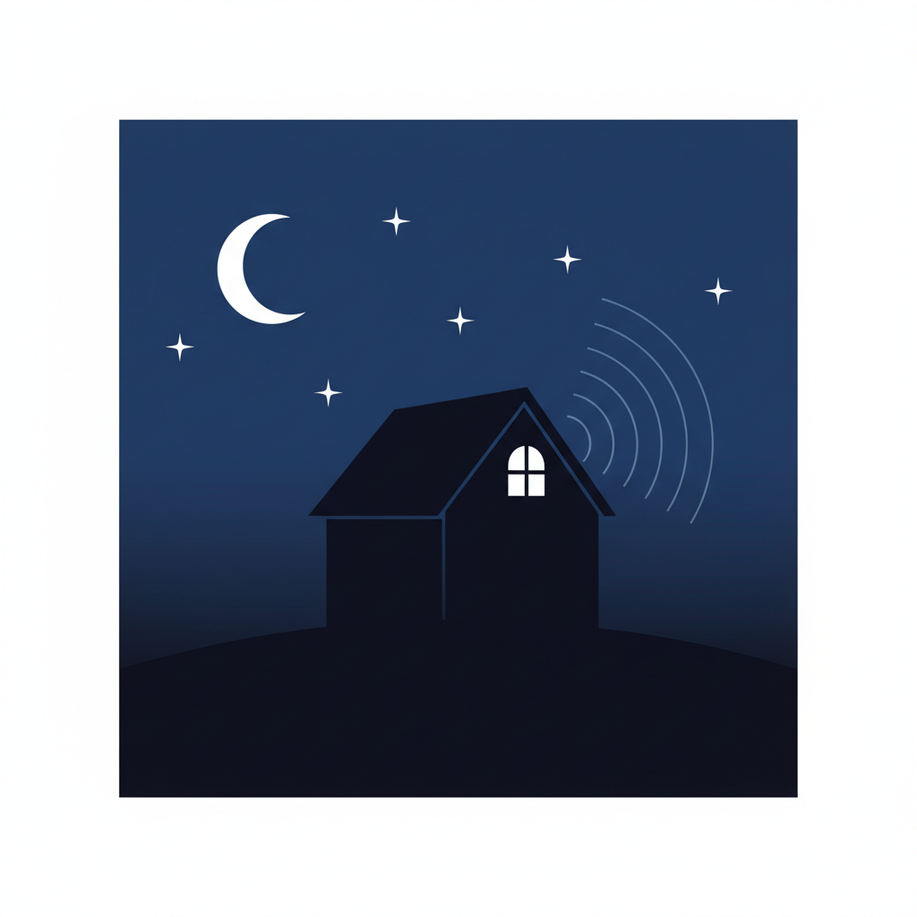 A minimalist, conceptual flat illustration of a cozy house silhouetted against a deep blue night sky with a crescent moon and a few stars. From the attic section of the house, subtle, thin sound wave lines subtly expand outwards, suggesting quiet noises. The overall environment outside the house is depicted as serene and completely silent, visually emphasizing how even small attic noises become prominent in the stillness of the night. Clean lines, simple shapes.