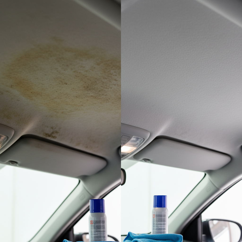A side-by-side comparison image inside a car. On the left, a section of the car's headliner appears visibly stained and dull, with subtle hints of yellowish discoloration and grime. On the right, the same section of the headliner is pristine, bright, and impeccably clean, reflecting light beautifully. A can of shaving foam and a clean microfiber cloth are subtly placed in the foreground, suggesting the cleaning method. Professional photo style with good lighting, emphasizing the contrast and the effectiveness of the cleaning.