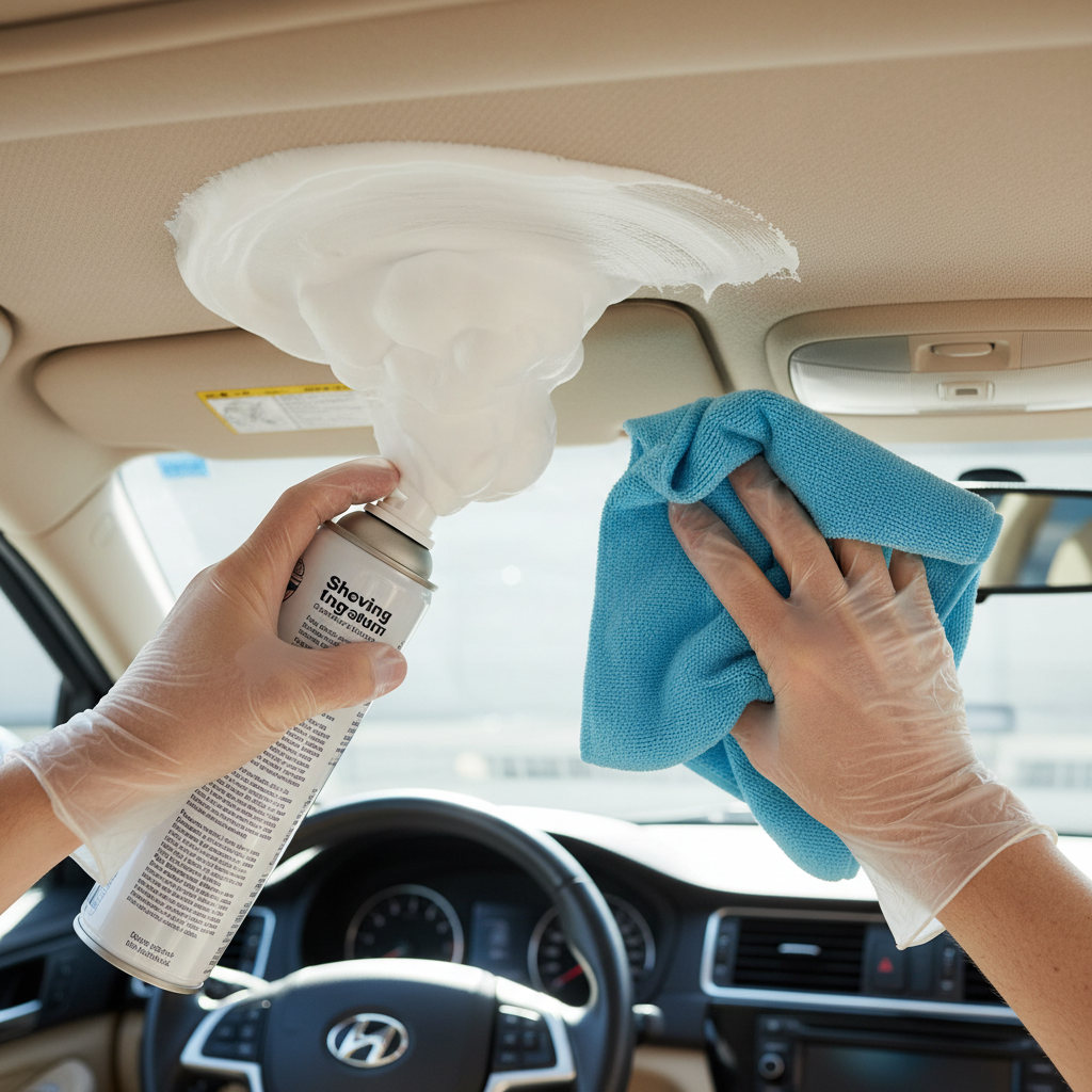 A close-up, slightly elevated shot of a person's hands gently applying a layer of white shaving foam directly onto a section of a car's textile headliner. The foam is evenly distributed on the fabric. One hand holds the shaving foam can, while the other hand is holding a soft, clean microfiber cloth, ready for the next step. The car interior should be clean and well-lit, focusing on the detail of the cleaning process. Bright, clean aesthetic, realistic photo style, conveying ease and effectiveness.