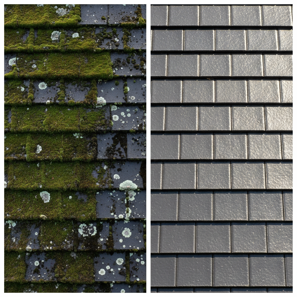 A high-angle, split-screen professional photo of a residential roof. On the left side, a section of dark grey roof tiles is heavily covered with thick green moss, dark algae streaks, and patches of white lichens, appearing neglected and damp. On the right side, the exact same section of roof tiles is perfectly clean, showing its original vibrant color, dry and pristine under bright sunlight, symbolizing rejuvenation and protection. The transition between the two sides should be seamless, emphasizing the dramatic improvement.