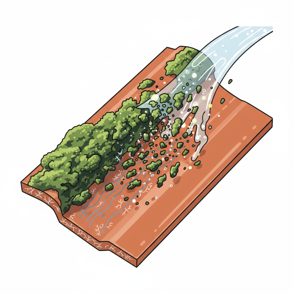 A dynamic flat illustration depicting the impact of biological growth on a roof and the cleaning process. Focus on a close-up section of a terracotta roof tile where vibrant green moss and dark algae are visibly growing, with subtle graphic elements suggesting moisture retention and microscopic damage occurring beneath. Overlaid or interacting with this, a translucent, active spray or liquid stream represents the roof cleaner, effectively breaking down and dissolving the moss and algae, leaving a clean tile surface in its wake, highlighting the protective action.
