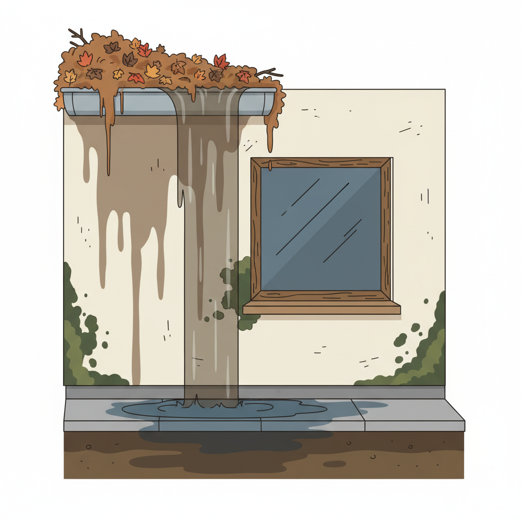 A detailed flat illustration depicting a cross-section of a house's exterior wall with a severely clogged gutter. The gutter is overflowing with autumn leaves, twigs, and dirty water, which is visibly cascading down the facade. Dark, damp streaks appear on the wall, suggesting water damage and potential mold growth. At the base of the house, water is pooling near the foundation, with subtle visual cues indicating moisture penetration into the ground or basement. The scene conveys neglect and the negative consequences of an uncleaned gutter. Clean lines and an informative, slightly dramatic color palette.