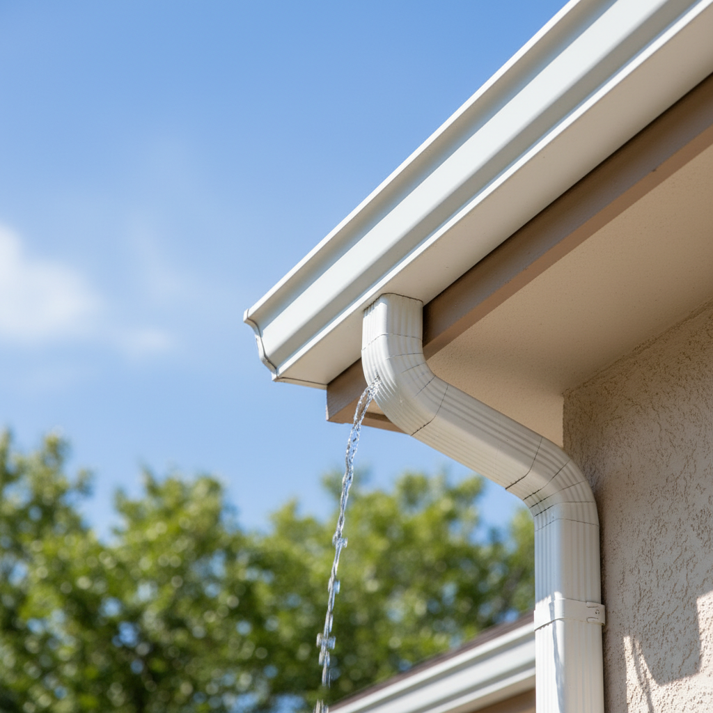 A bright, professional photo captured from a low, slightly upward angle, focusing on a spotless house gutter and the adjacent, clean downspout. The gutter is perfectly clear of any debris, leaves, or standing water. A gentle stream of clear rainwater is gracefully flowing into the downspout, suggesting excellent drainage. The house facade is pristine and well-maintained, with a clear blue sky or healthy green tree branches softly blurred in the background. The overall impression is one of effective home protection and meticulous maintenance. Natural lighting and vibrant, true-to-life colors.