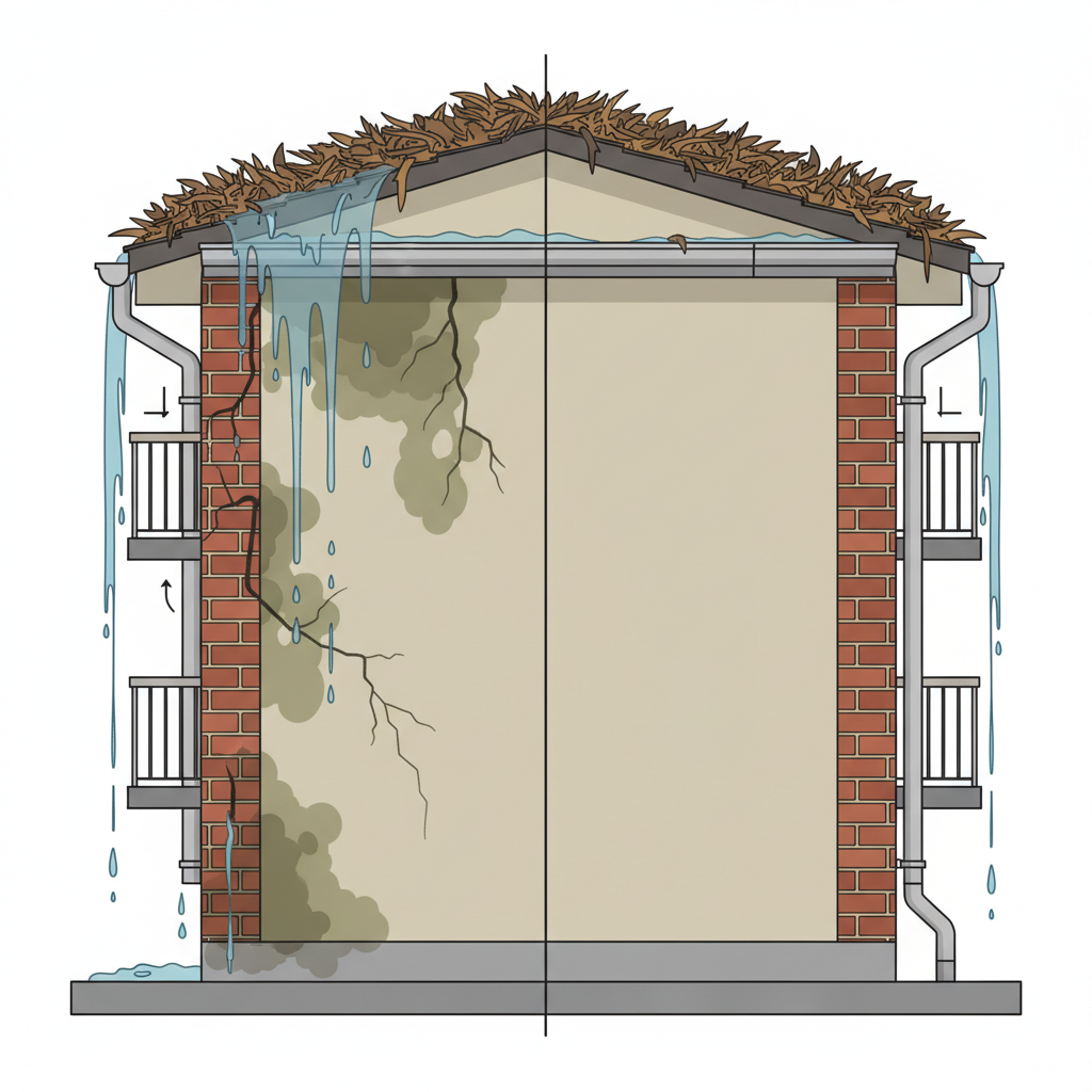 A detailed infographic-style illustration depicting a cross-section of a multi-family apartment building. On the left side, a section of the roof shows a severely clogged gutter overflowing with leaves, debris, and dirty water. This overflowing water is visibly causing damage: moisture stains on the facade, cracks in the masonry, and water seeping into the basement foundation. On the right side, the same building section features a pristine, clean gutter with rainwater flowing smoothly into a downspout, illustrating proper drainage and a dry, undamaged exterior. Use a clear, educational aesthetic.