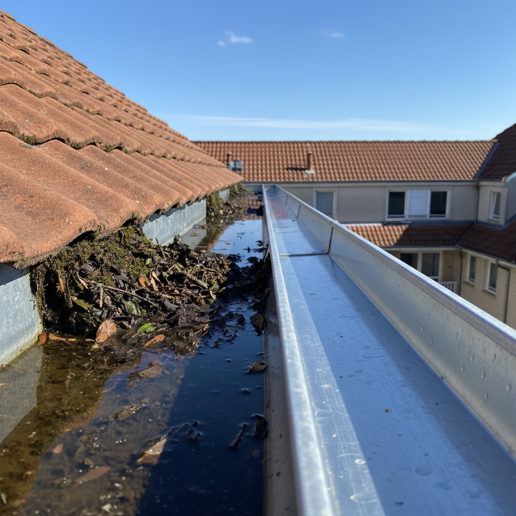 A vibrant, slightly elevated professional photo of a multi-family apartment building's rooftop. The focus is on two distinct sections of the rain gutter. One section is completely neglected and packed with a dense accumulation of wet leaves, moss, small branches, and visibly stagnant, murky water. The other adjacent section of the gutter is sparkling clean and empty, demonstrating an open channel ready for proper water flow. The background shows a hint of a clear sky and the building's well-maintained roof tiles, emphasizing the stark contrast between a blocked and a clear gutter.