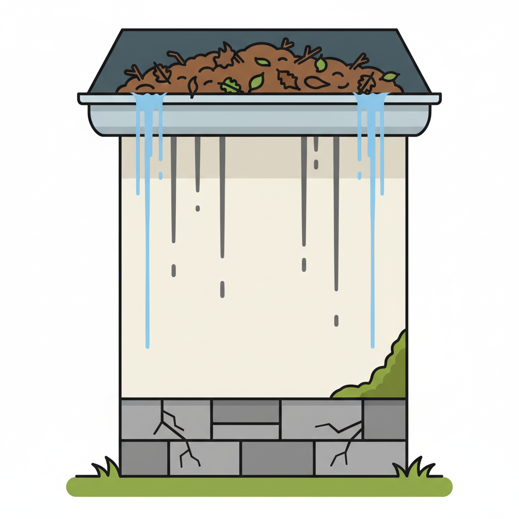 A detailed flat illustration depicting the negative consequences of a neglected, clogged gutter. The scene shows a section of a house where a gutter is visibly overflowing with rainwater and debris, such as leaves and twigs. Water is cascading down the side of the house, causing dark streaks and stains on the facade. Below, subtle cracks are forming in the masonry near the foundation. In a corner, a hint of green algae or moss might be growing, emphasizing the moisture and stagnation. The overall style should be clean and clear, highlighting the problems with distinct visual cues.
