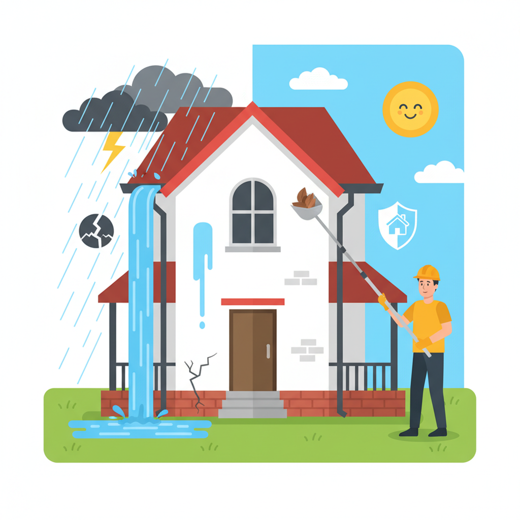 A vibrant flat illustration depicting a clear contrast between two scenarios for gutter maintenance. On one side, a house facade is shown during heavy rain, with a severely clogged gutter overflowing, water cascading down the wall and pooling at the foundation, symbolizing potential damage to the house. On the other side, the same house is seen on a sunny day, with a clean, well-maintained gutter. A person is safely standing on the ground, holding a long telescopic pole with a specialized scoop attachment, easily reaching into the gutter to remove a small amount of leaves. The emphasis is on safety, prevention, and home protection.